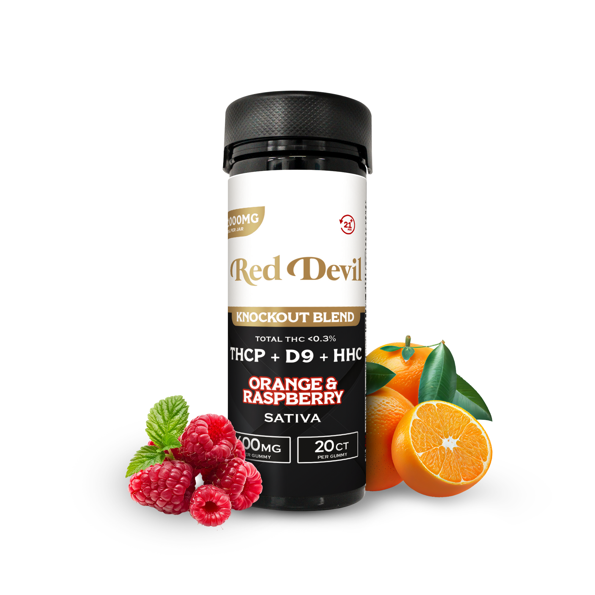 RED DEVIL D9 DUAL GUMMIES 12000MG BOTTLE 20CT - ORANGE & RASPBERRY SATIVA